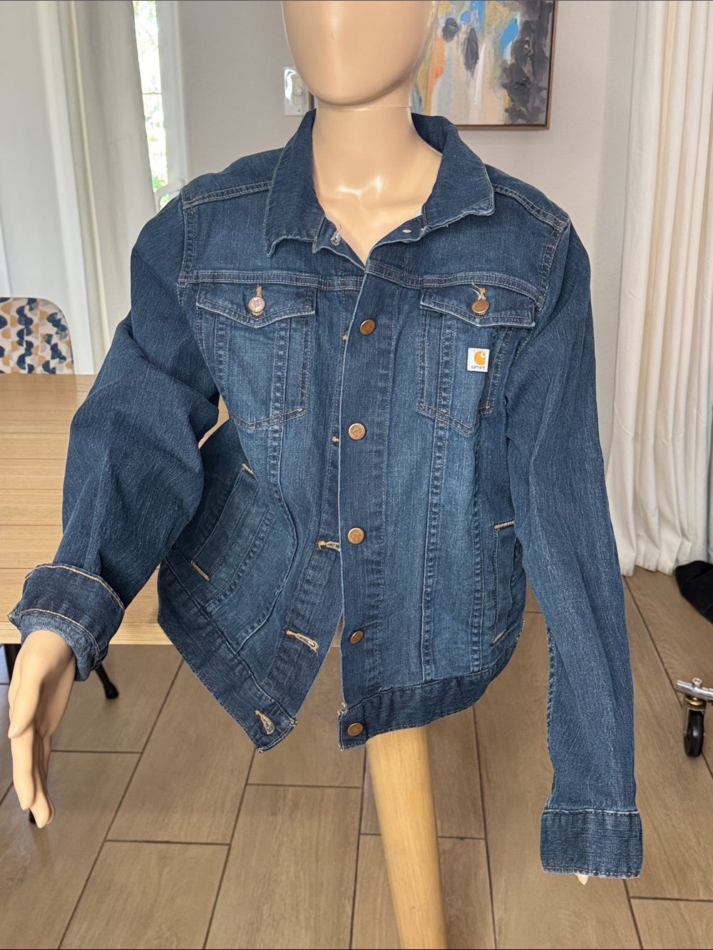 Carhartt Women’s L 12/14 Denim Jean Jacket Blue Stretch Trucker Workwear 100464